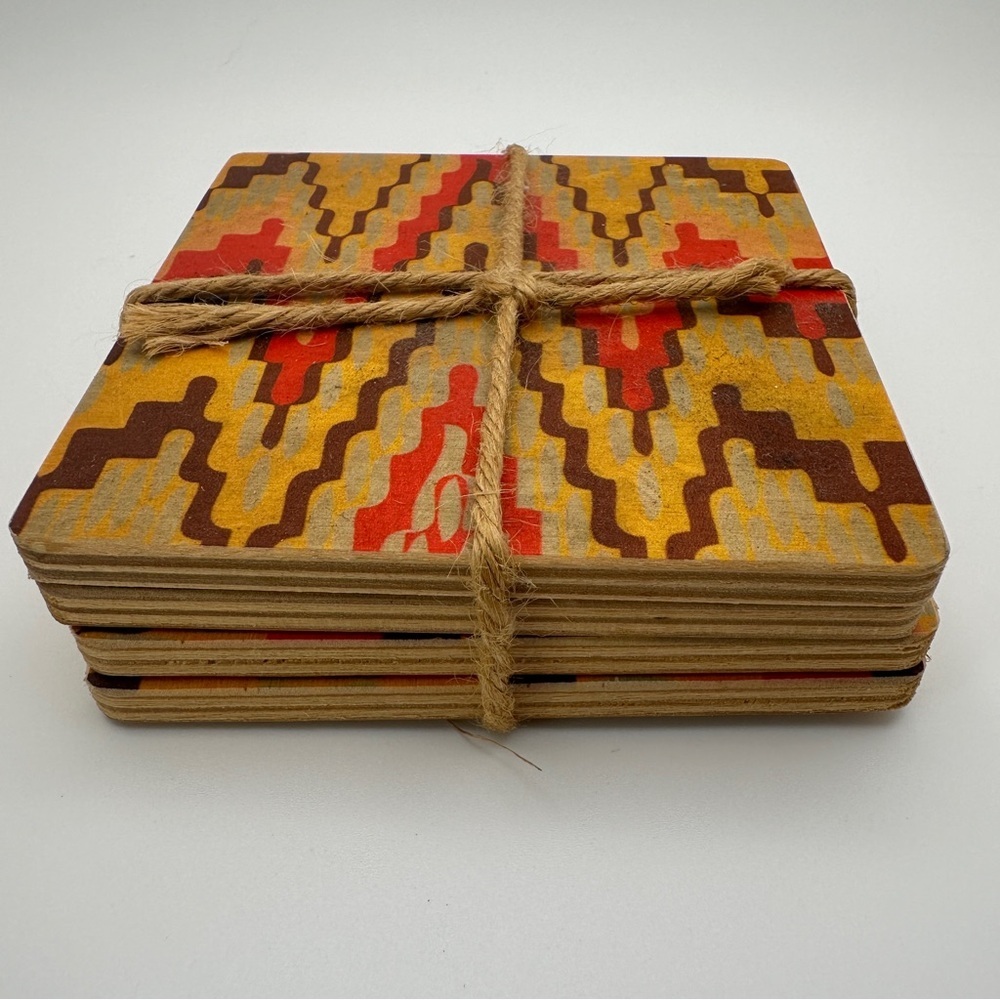 Geometric Patterned Wood Multicolor Coasters Set of 4